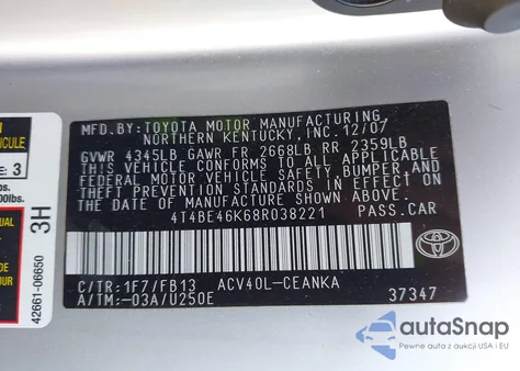 2008 Toyota Camry Le из США, поврежденный, VIN 4T4BE46K68R038221